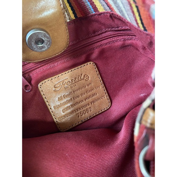 FOSSIL canvas & leather purse handbag brown orange red stripe - Picture 6 of 13